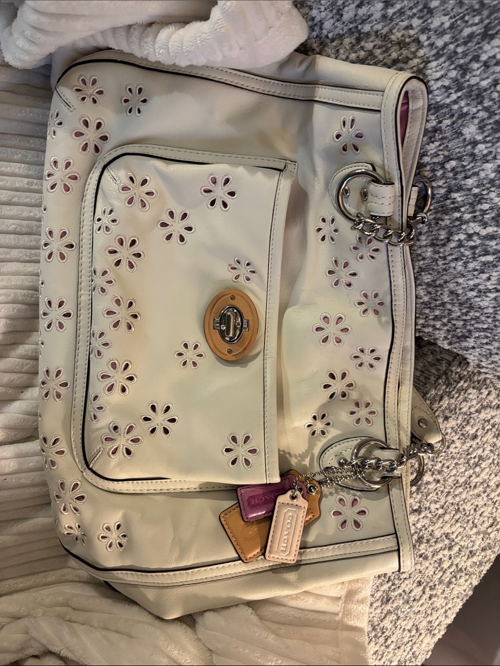 Coach Cream Leather Shoulder Bag with Pink Floral Cutouts
